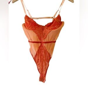 Women's custom design sheer lace sexy Orange custom dyed Bodysuit Sz small